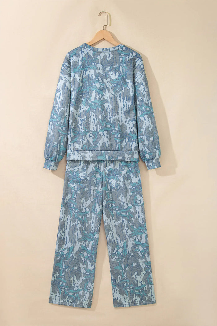 Abstract Floral Print Loose Pullover Drawstring Pants 2pcs Set – Multicolour
