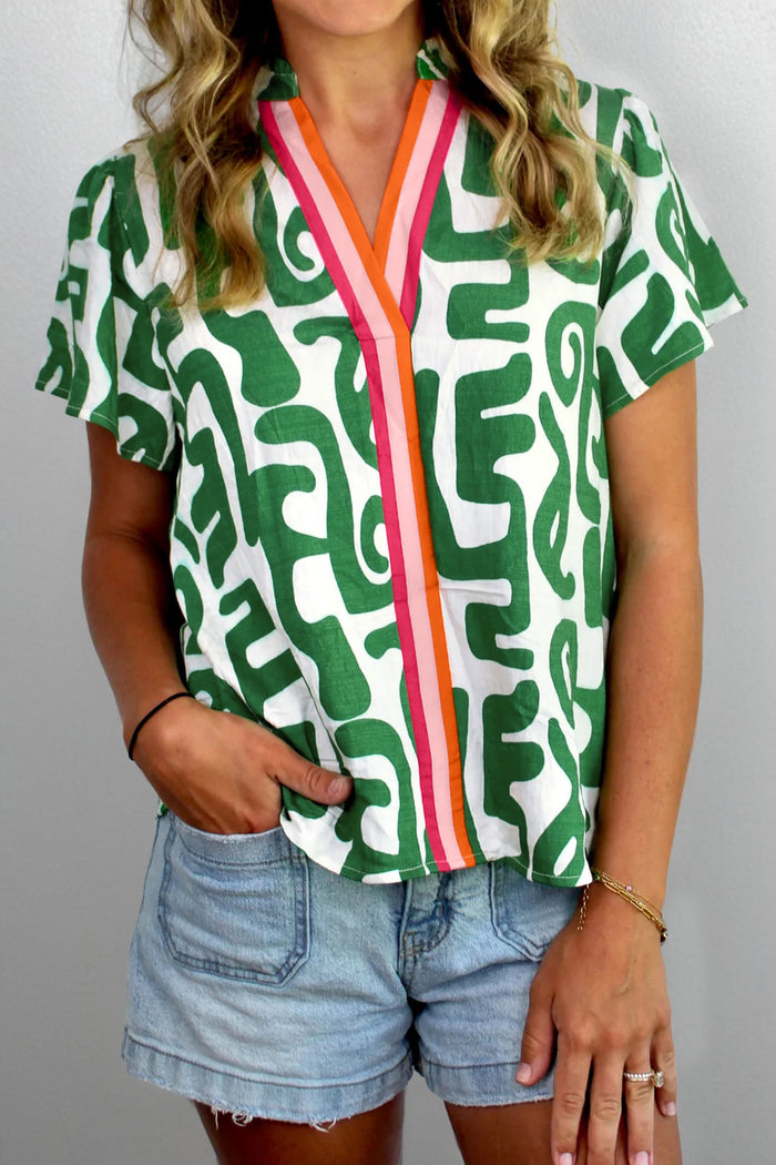 Abstract Print Striped Trim V Neck Short Sleeve Blouse – Green