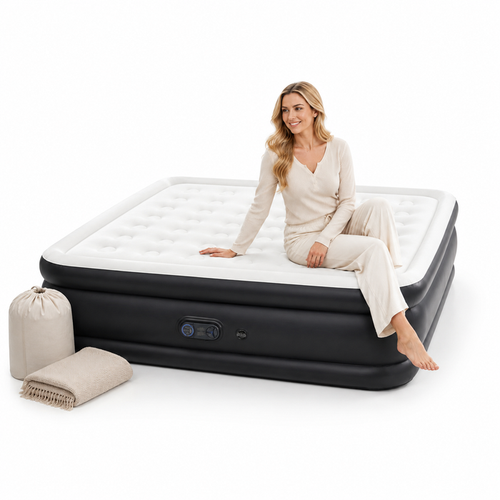 Queen air mattress with built in pump arranged in a bedroom setup for overnight guests, travel stays, or temporary use today.