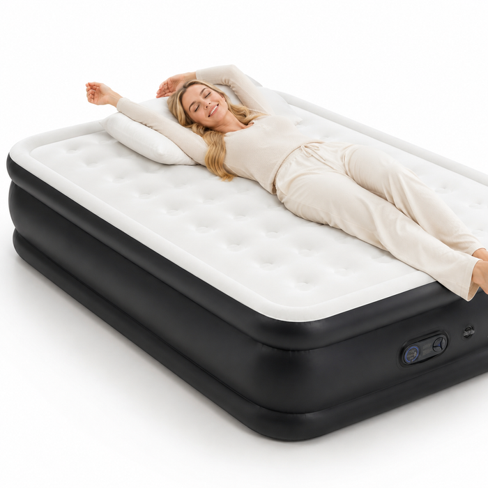 Twin inflatable bed with electric pump shown with raised sleeping surface and storage bag for compact guest room use at home.