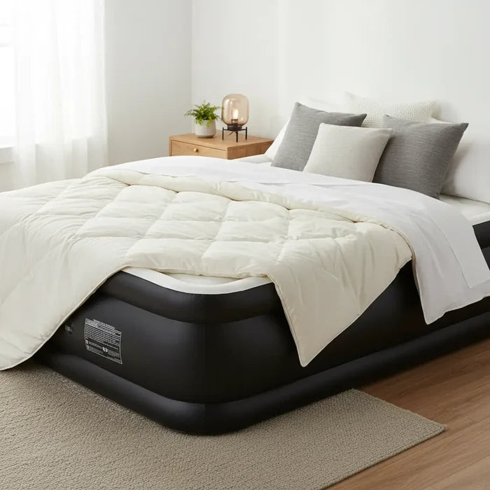 Inflatable air bed with built in pump styled with bedding in a home bedroom for guest-ready temporary sleeping space indoors.