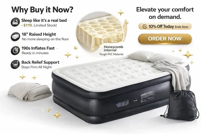Air mattress product image showing the raised profile, built in pump area, and practical details for buyer comparison online.
