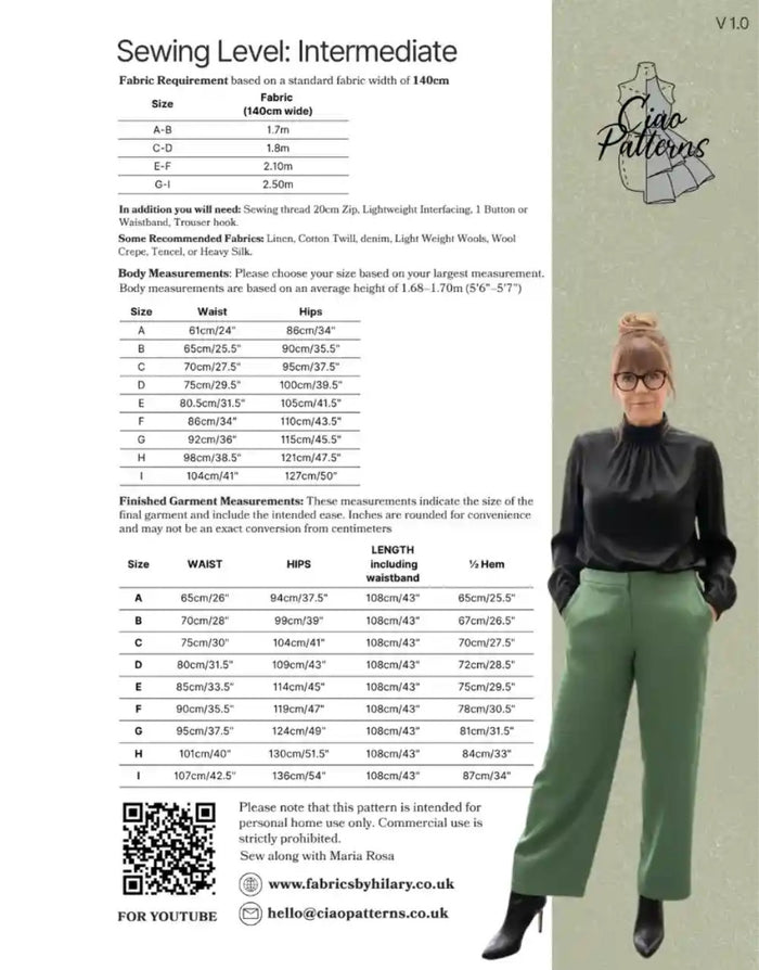 Alessandra Trousers Paper Sewing Pattern, Ciao Patterns