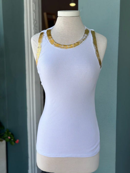 White tank top with gold trim on a mannequin 100% Cotton