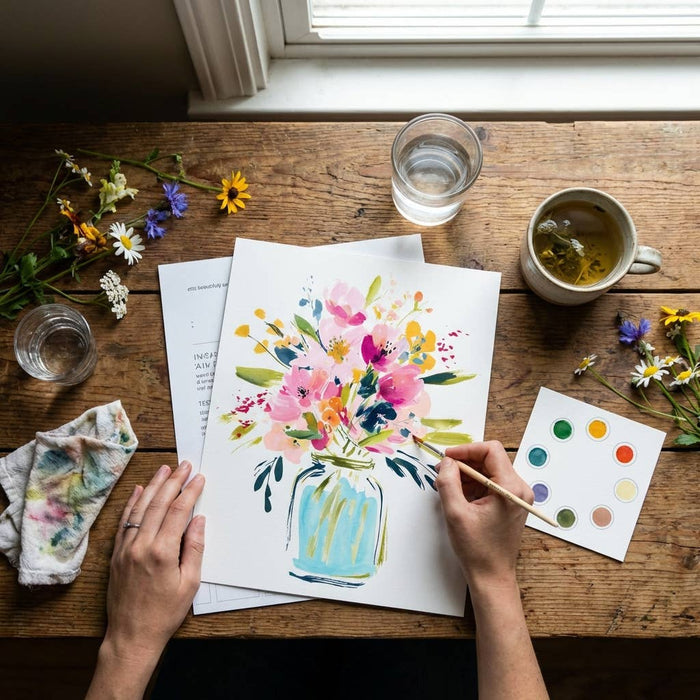Person painting a floral design on paper with a wooden table setting including flowers, cups, and a color chart.