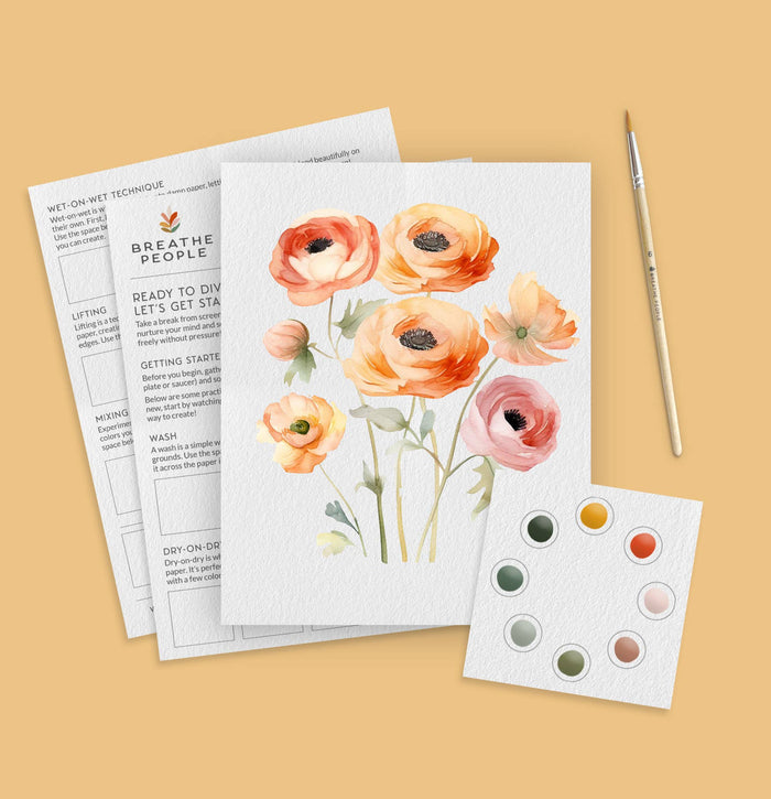 Floral art print with watercolor swatches and a paintbrush on a beige background