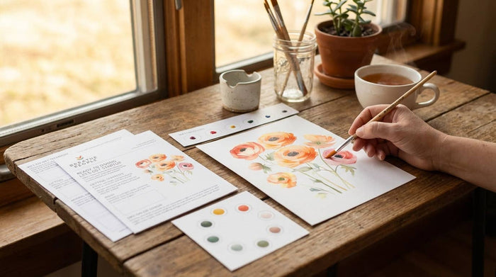 Person painting flowers on paper with a brush on a wooden table near a window.