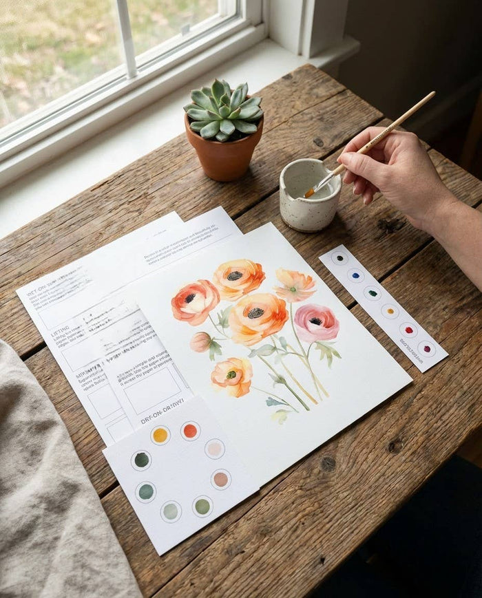 Person painting flowers on paper with a brush, sitting at a wooden table.