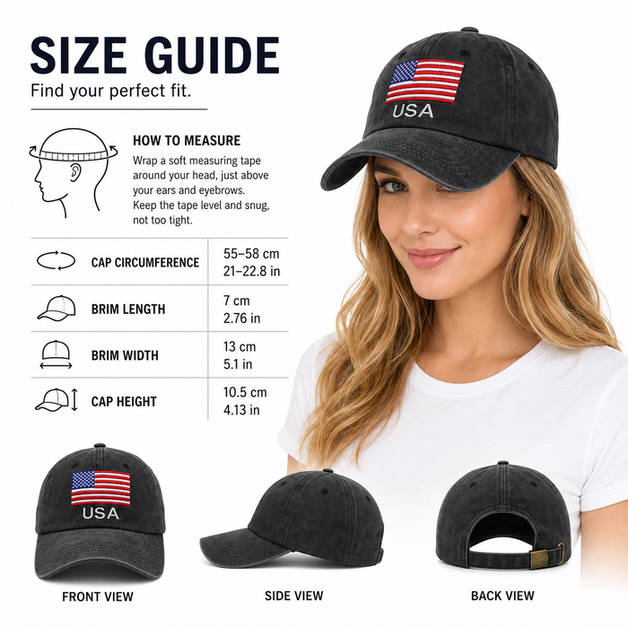 Vintage American flag baseball cap set with faded black cotton, embroidered USA lettering and unisex adjustable fit for most.