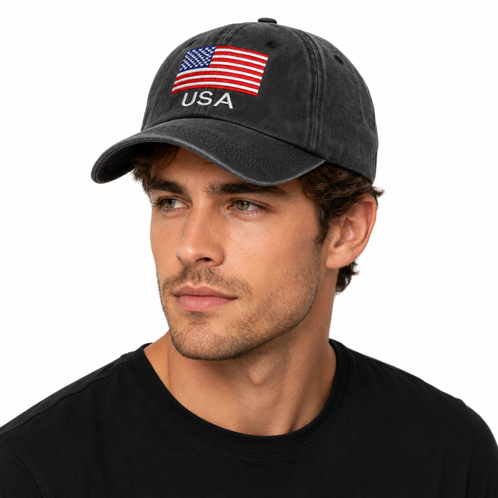 Distressed cotton American flag baseball cap for women and men with embroidered USA detail and adjustable back strap closure.