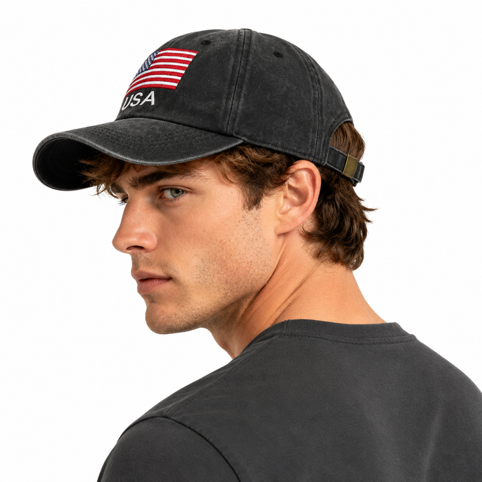 Patriotic USA flag hat set with vintage washed finish, cotton fabric, clear embroidery and flexible unisex sizing for adults.
