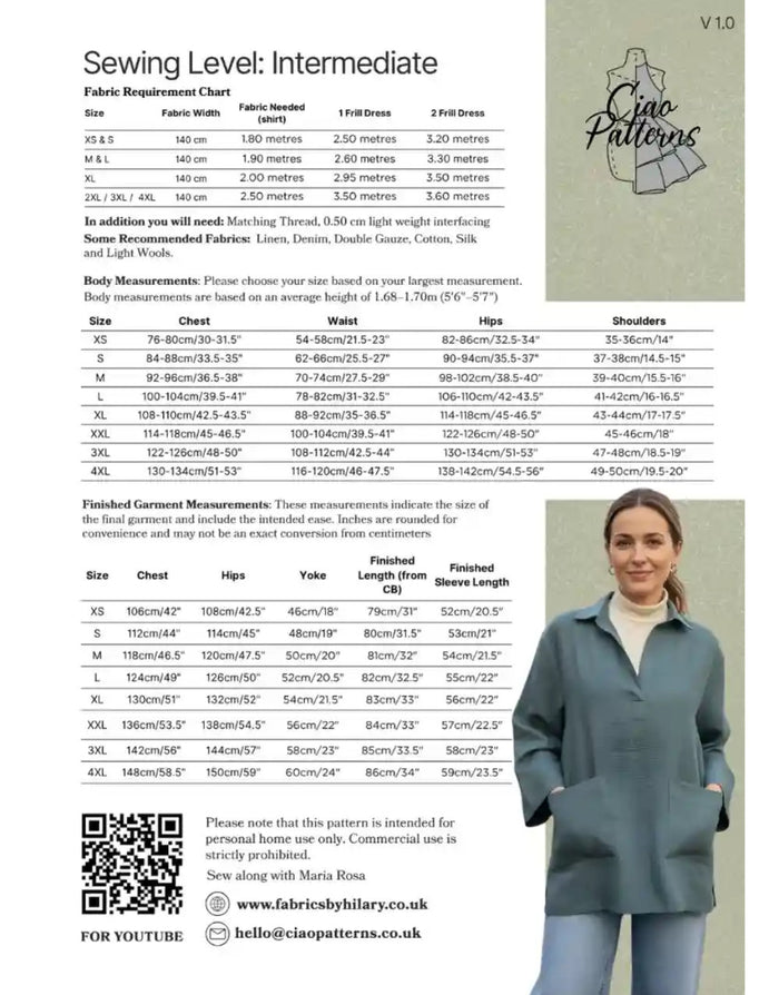 Andrea Over Sized Shirt Unisex Paper Sewing Pattern, Ciao Patterns