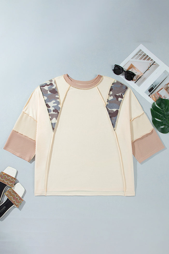 Apricot Camouflage Panel Twist Rib Sleeve Round Neck Loose Fit Plus Size Blouse – Beige