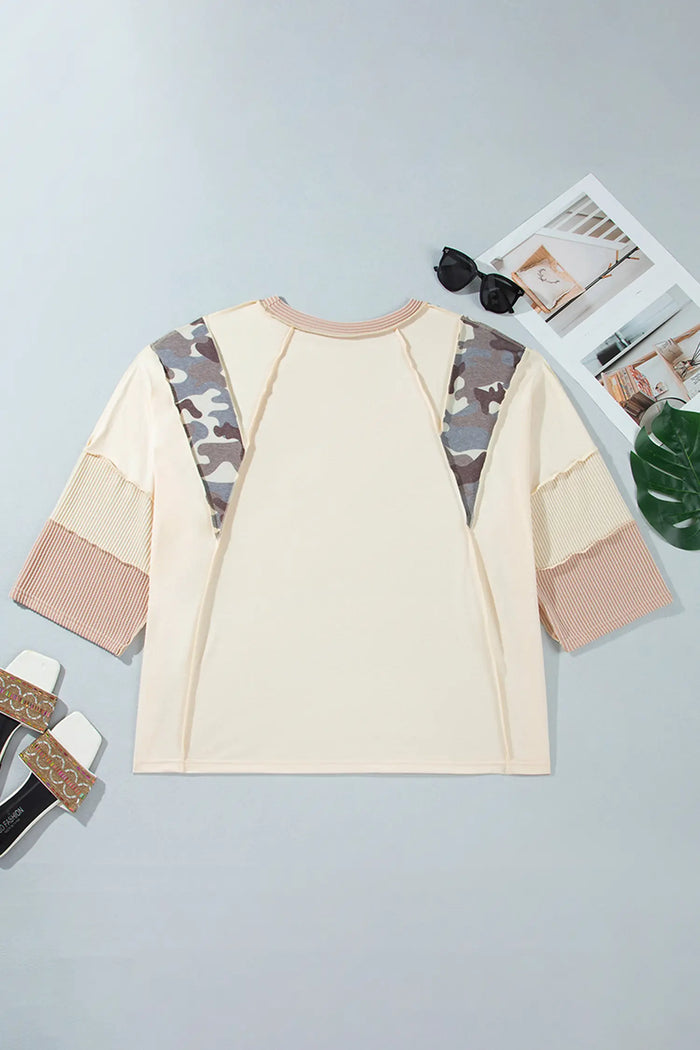Apricot Camouflage Panel Twist Rib Sleeve Round Neck Loose Fit Plus Size Blouse – Beige