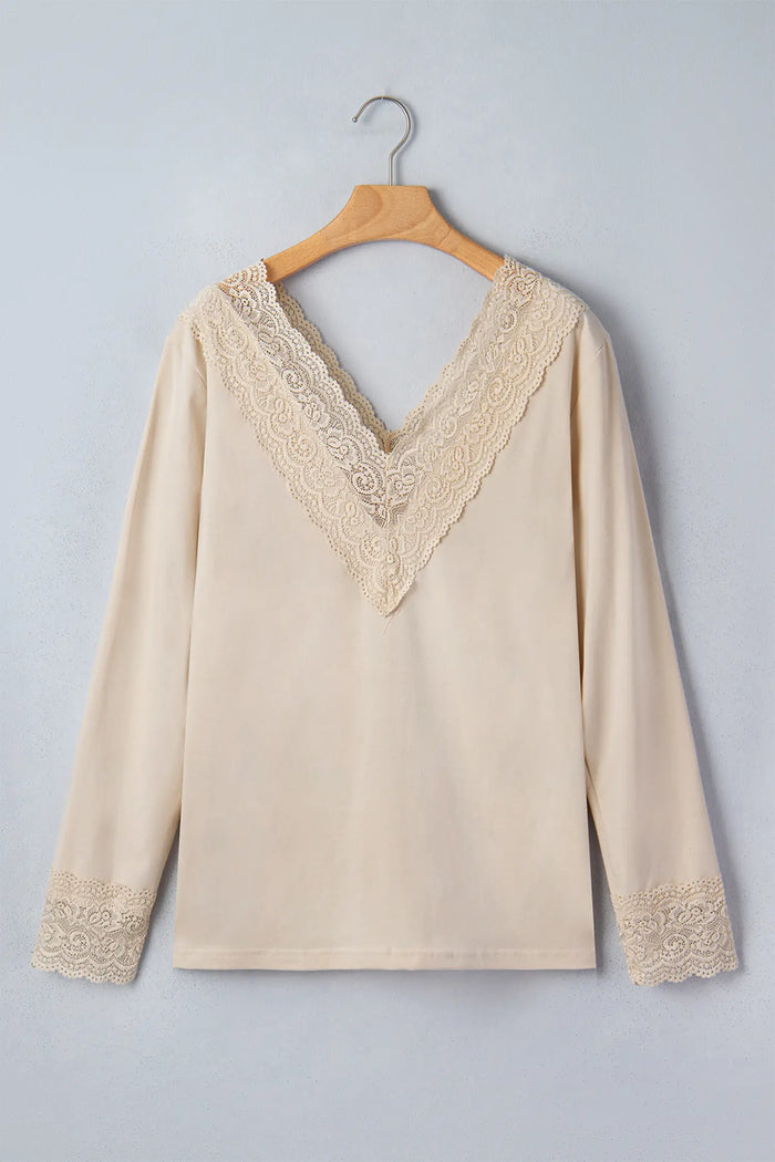 Apricot Lace Splicing V Neck Long Sleeve Top – Beige