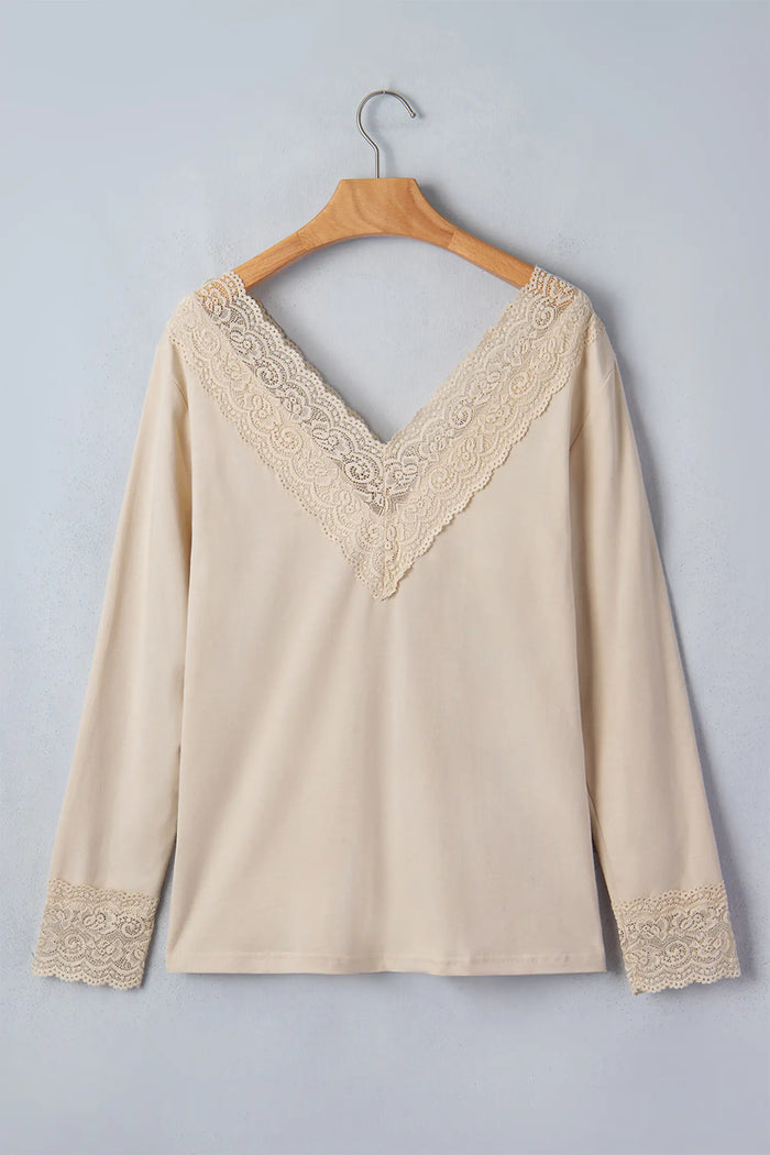 Apricot Lace Splicing V Neck Long Sleeve Top – Beige