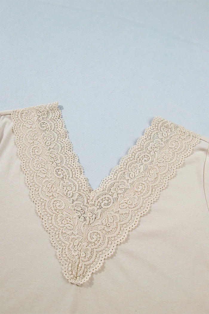 Apricot Lace Splicing V Neck Long Sleeve Top – Beige