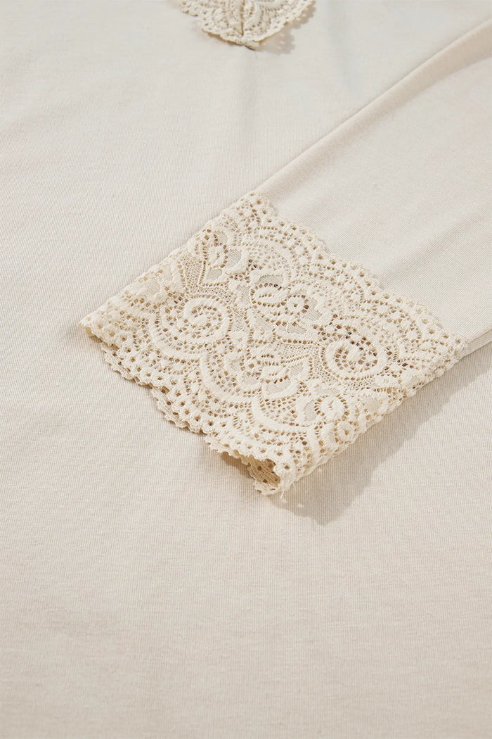 Apricot Lace Splicing V Neck Long Sleeve Top – Beige