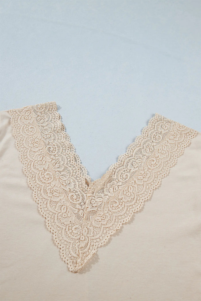 Apricot Lace Splicing V Neck Long Sleeve Top – Beige