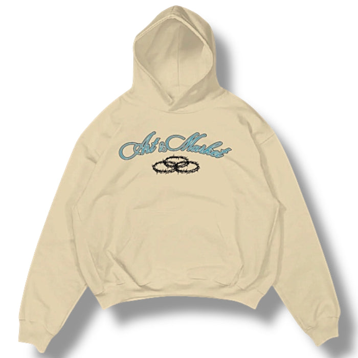 Beige Art & Market 'Bless The Hustle' hoodie, casual streetwear with bold graphic design and comfortable fit.