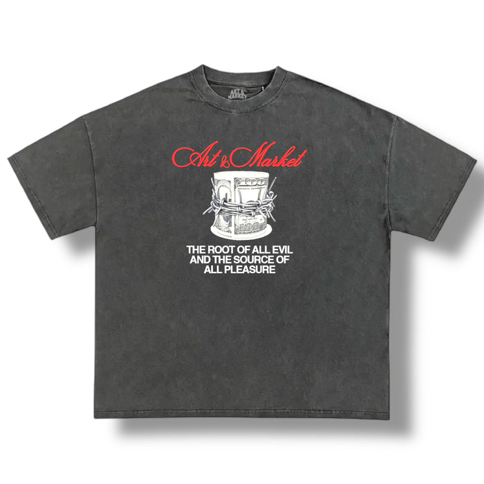 Art & Market Evil & Pleasure charcoal T-shirt featuring bold graphic print on soft cotton fabric.