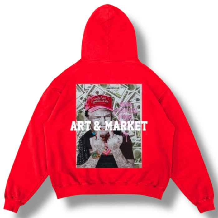 Red Art & Market hoodie with "Make Art Great Again" slogan, featuring a comfortable fit and bold graphic design.
