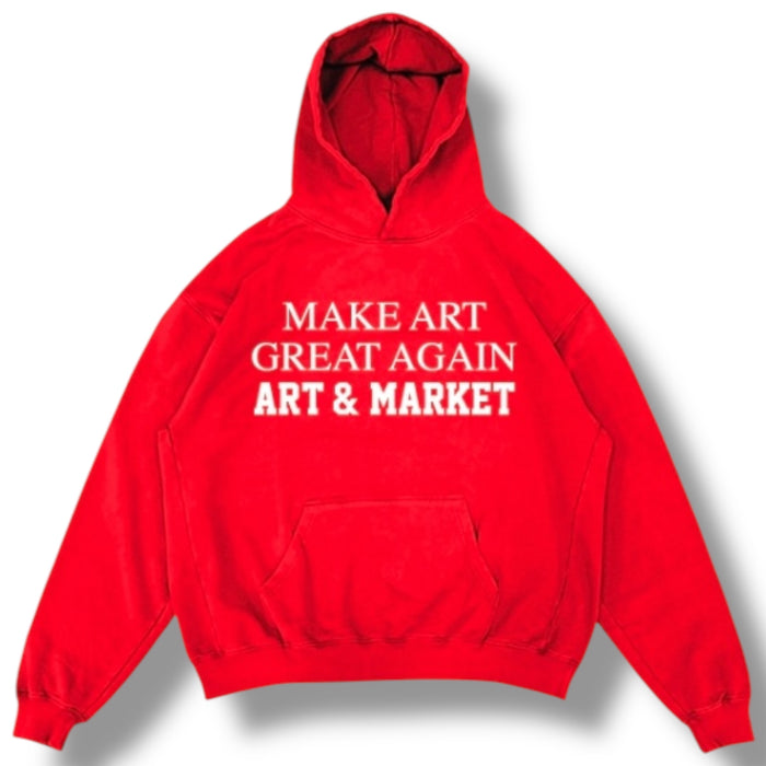 Red Art & Market hoodie with "Make Art Great Again" slogan, featuring a comfortable fit and bold graphic design.