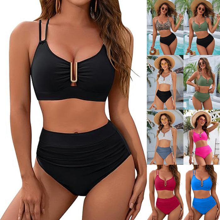 Woman wearing a black bikini with additional images of women in various bikinis.