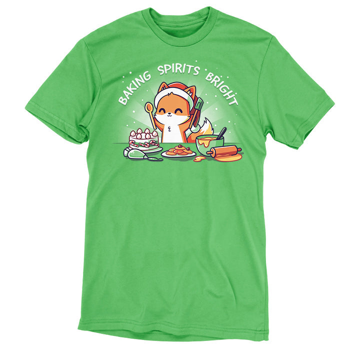 Premium Cotton T-shirt_TeeTurtle Baking Spirits Bright apple apparel featuring a happy fox in a Santa hat surrounded by baked goods and a pun over top.