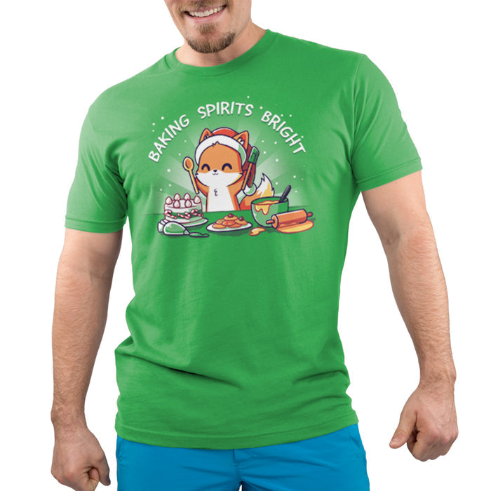 Premium Cotton T-shirt_TeeTurtle Baking Spirits Bright apple apparel featuring a happy fox in a Santa hat surrounded by baked goods and a pun over top.