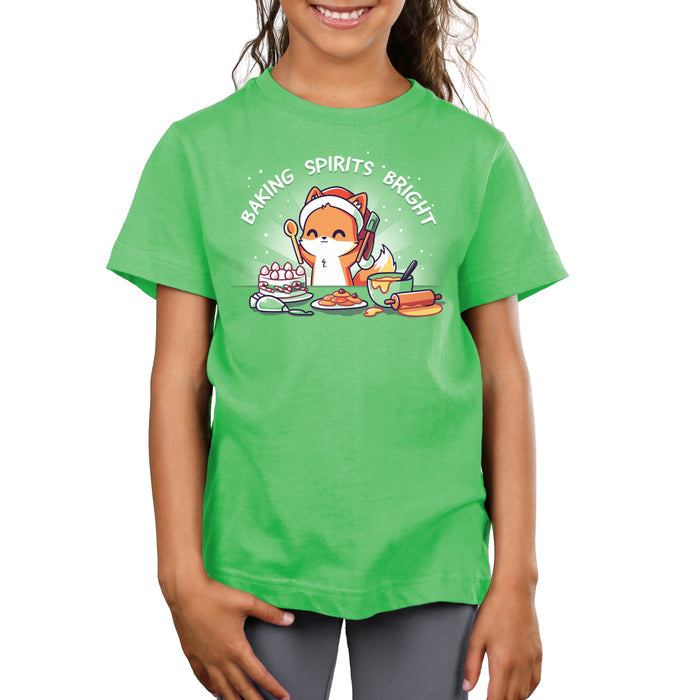 Premium Cotton T-shirt_TeeTurtle Baking Spirits Bright apple apparel featuring a happy fox in a Santa hat surrounded by baked goods and a pun over top.