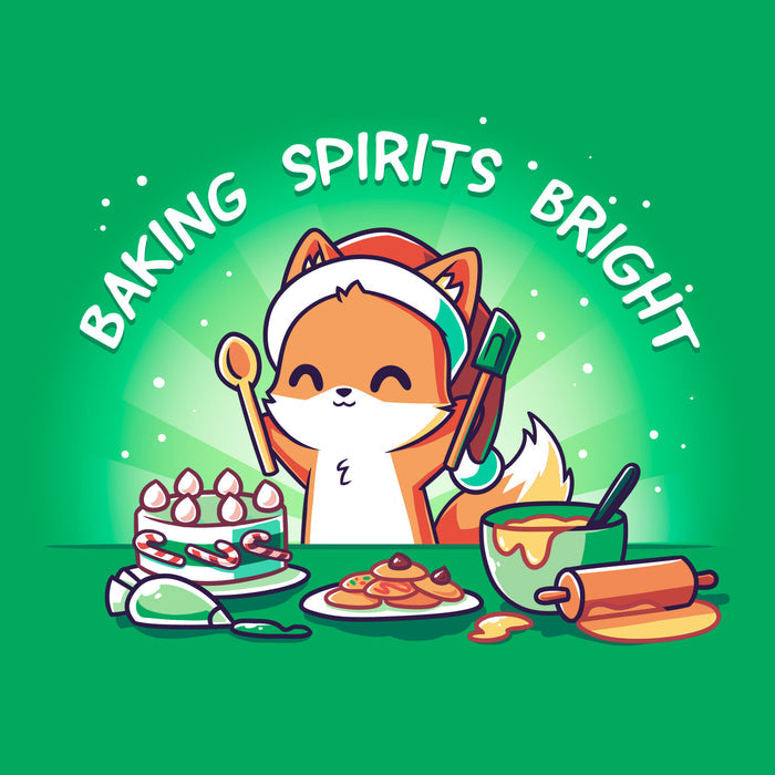 Classic Cotton T-shirt_TeeTurtle Baking Spirits Bright irish green apparel featuring a happy fox in a Santa hat surrounded by baked goods and a pun over top.