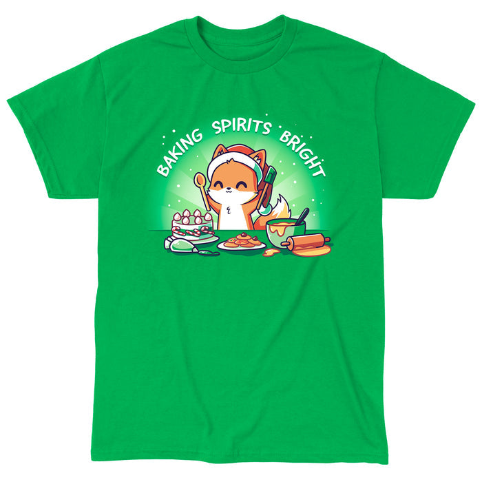 Classic Cotton T-shirt_TeeTurtle Baking Spirits Bright irish green apparel featuring a happy fox in a Santa hat surrounded by baked goods and a pun over top.