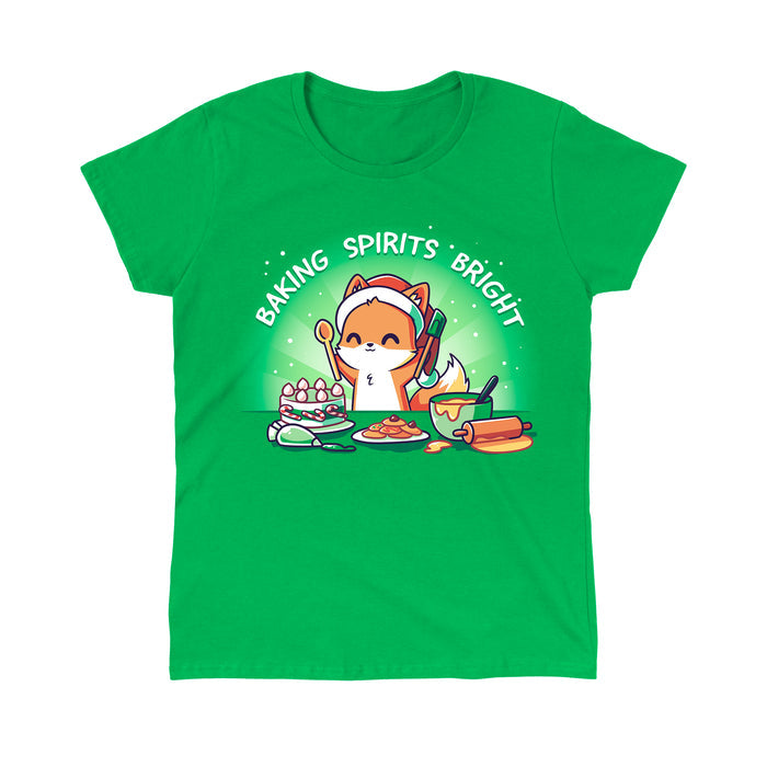 Classic Cotton T-shirt_TeeTurtle Baking Spirits Bright irish green apparel featuring a happy fox in a Santa hat surrounded by baked goods and a pun over top.