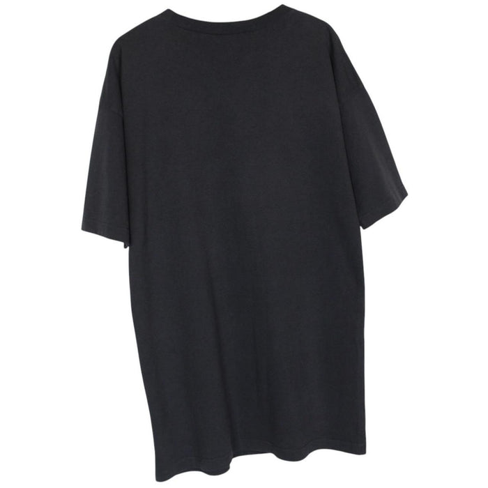 Balenciaga black oversized pocket t-shirt with bold logo print on front.