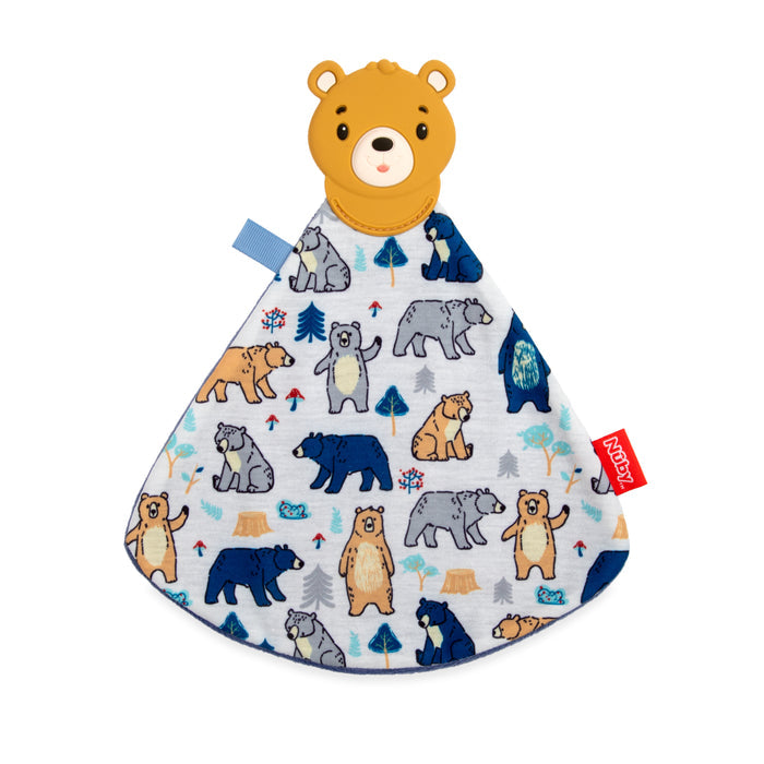 The Bear Teething Blankie features a plush bear head, a triangular cloth body with colorful bears, trees, and stumps, plus a soothing baby teether, red tag, and blue loop attached to the sides.