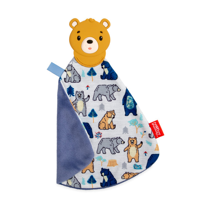 The Bear Teething Blankie features a soft blue-gray fabric with cartoon bears, trees, and nature designs, a yellow bear head teether, and a red Nuby tag on the side—perfect for soothing your baby.