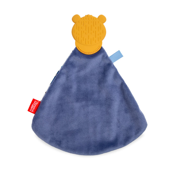 The Bear Teething Blankie is a soft blue blanket with a yellow textured bear head for soothing relief and a small red Nûby tag on the side.