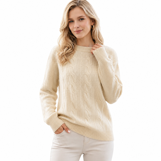 Women's beige crochet sweater with crew neck, long sleeves, jacquard knit texture and delicate lace detail for daily styling.