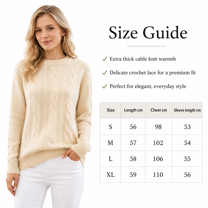 Beige crochet lace sweater for women with a regular fit, crew neckline, long sleeves and textured jacquard knit finish today.