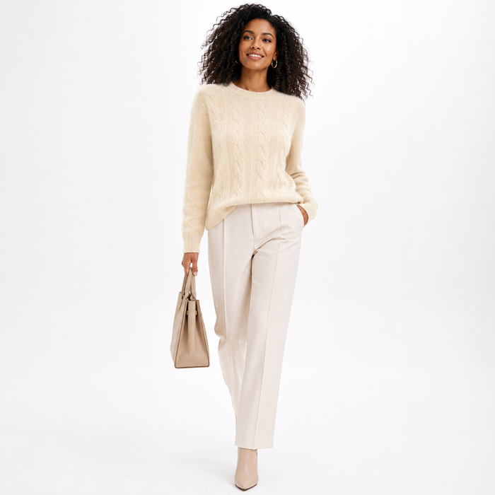 Women's beige jacquard knit sweater with crochet lace detail, crew neck, regular length and easy pullover construction today.