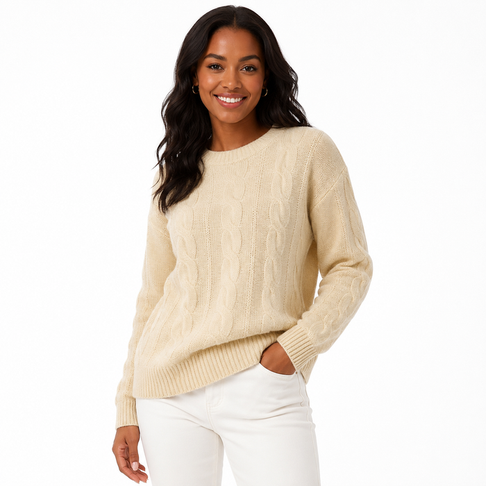 Women's beige crochet knit pullover with a jacquard texture, delicate lace styling, long sleeves and a classic crew neckline.