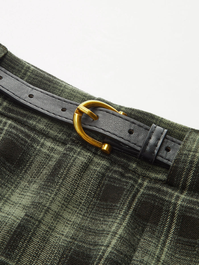Belted Plaid Straight-Leg Pants