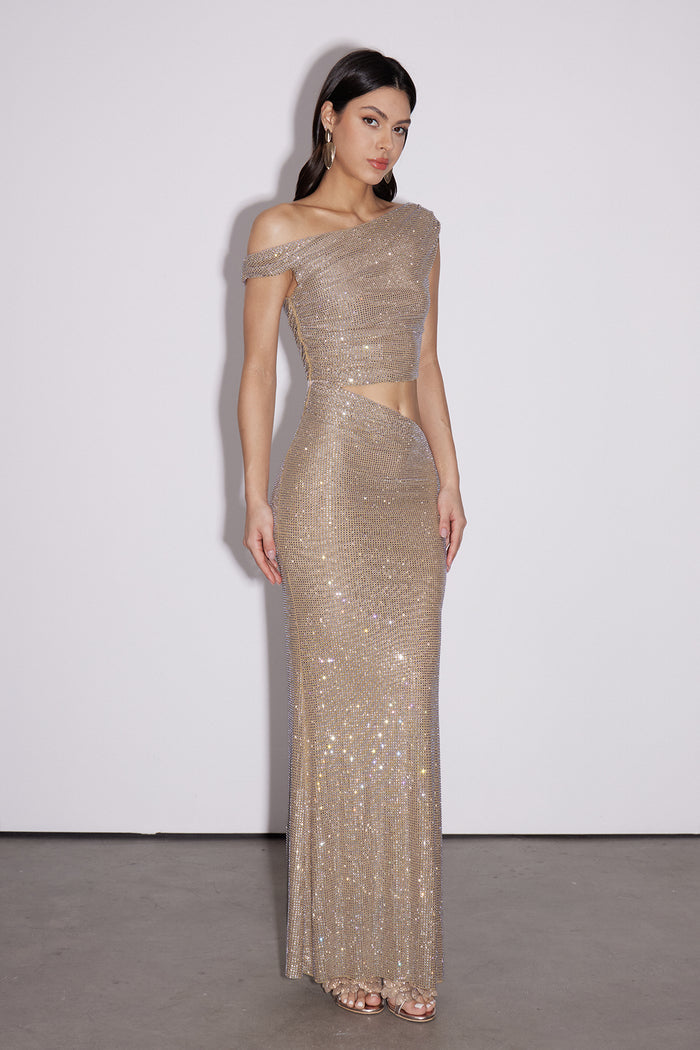 Berlioz Diamante One Shoulder Dress In Apricot