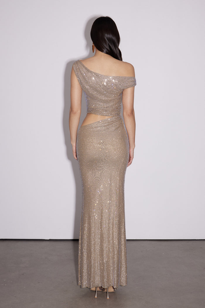 Berlioz Diamante One Shoulder Dress In Apricot