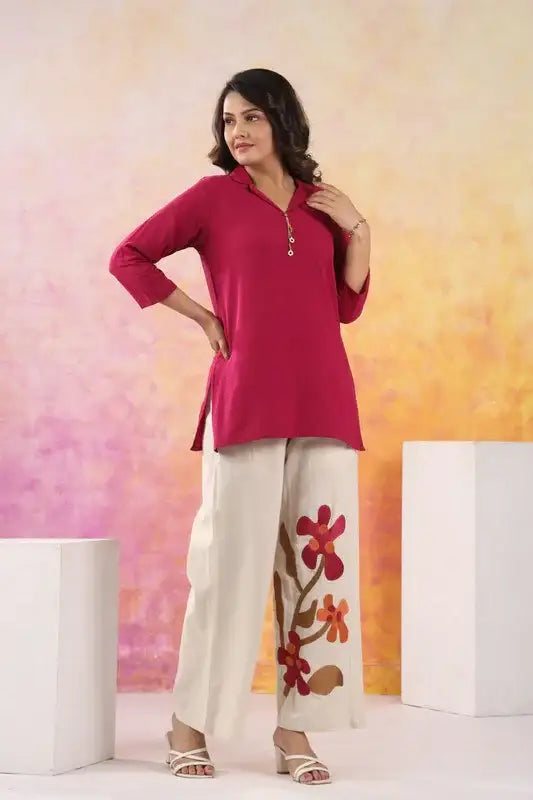 Berry Bloom Wine Cotton Flex Embroidered Co-ord Set