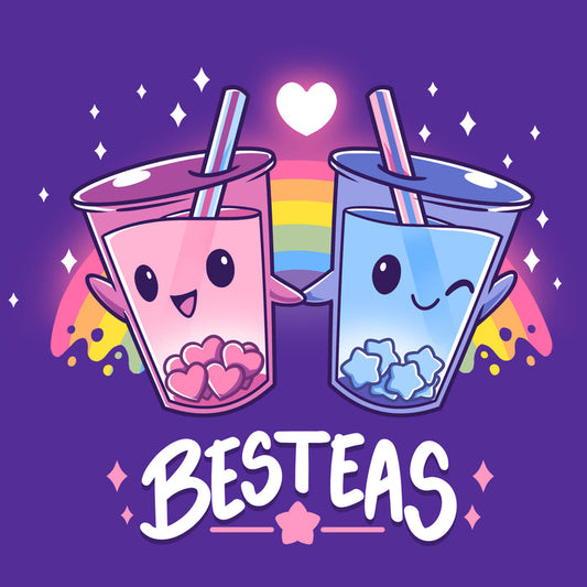 Premium Cotton T-shirt_TeeTurtle purple Besteas apparel featuring two bubble tea cups with happy faces, holding hands, surrounded by stars, with a rainbow in the background. Caption reads, "besteas".