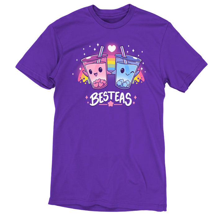 Premium Cotton T-shirt_TeeTurtle purple Besteas apparel featuring two bubble tea cups with happy faces, holding hands, surrounded by stars, with a rainbow in the background. Caption reads, "besteas".