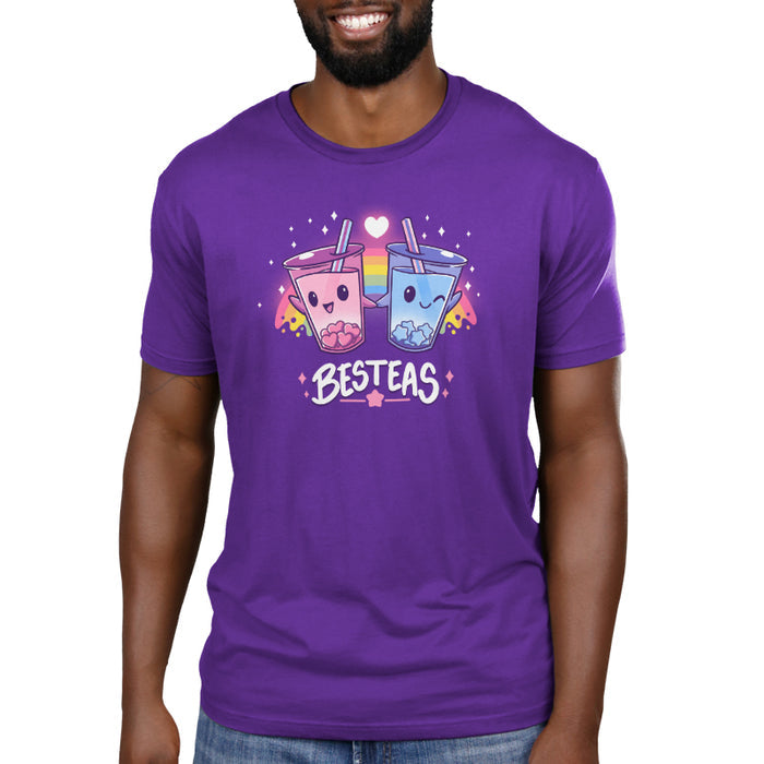 Premium Cotton T-shirt_TeeTurtle purple Besteas apparel featuring two bubble tea cups with happy faces, holding hands, surrounded by stars, with a rainbow in the background. Caption reads, "besteas".