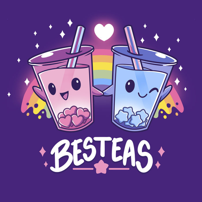 Classic Cotton T-shirt_TeeTurtle purple Besteas apparel featuring two bubble tea cups with happy faces, holding hands, surrounded by stars, with a rainbow in the background. Caption reads, "besteas".